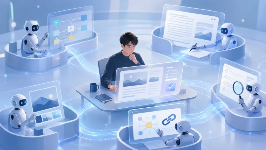 人間を中心に複数のAIが記事づくりを分担する、個人のAI編集部をイメージした表紙画像
