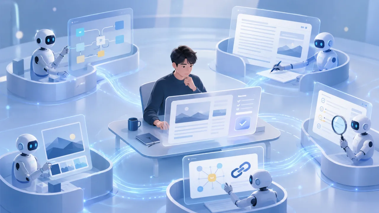 人間を中心に複数のAIが記事づくりを分担する、個人のAI編集部をイメージした表紙画像