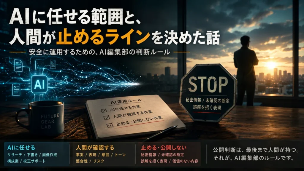 AIに任せる作業・人間が確認する作業・止めて公開しない作業を整理した判断ライン図