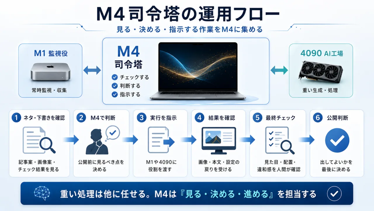 M4 MacBook Airを中心にAI編集部を動かす運用フロー図