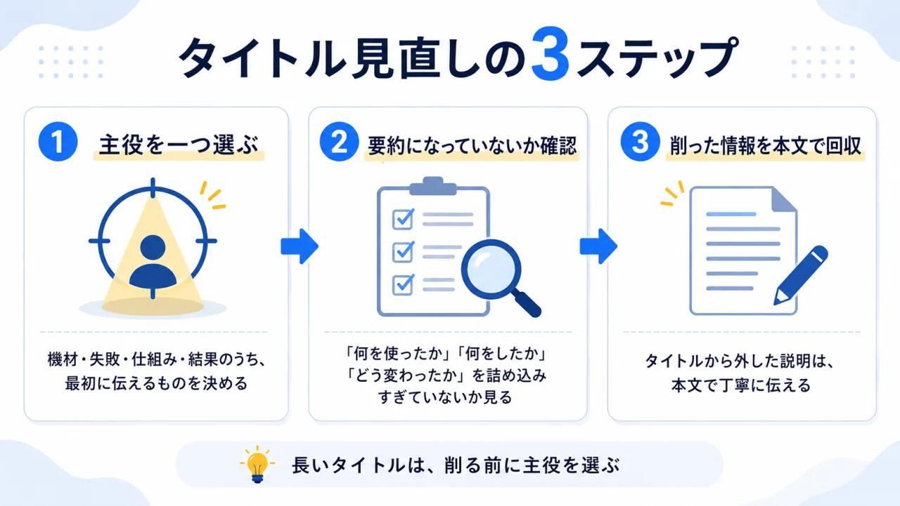 タイトル見直しの3ステップ:主役を選ぶ、要約になっていないか確認、削った情報を本文で回収