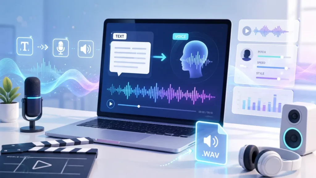 VOICEVOXでAIキャラクターの声を音声素材にして動画制作へつなぐ様子を表したアイキャッチ画像