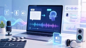VOICEVOXでAIキャラクターの声を音声素材にして動画制作へつなぐ様子を表したアイキャッチ画像