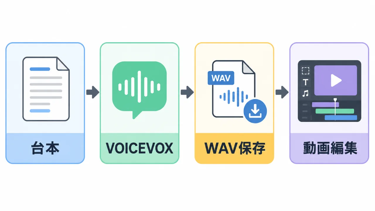 台本をVOICEVOXへ入力し、WAVで保存して動画編集へ進む音声制作の流れ図