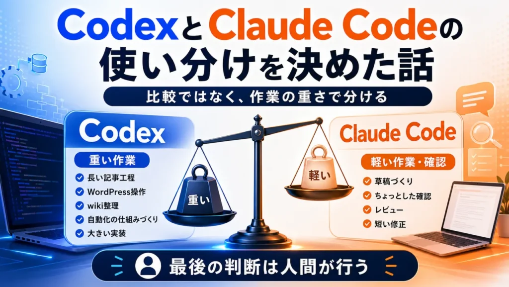 CodexとClaude Codeの使い分けを決めた話のアイキャッチ。天秤で重い作業と軽い作業を分けるイメージ図