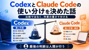 CodexとClaude Codeの使い分けを決めた話のアイキャッチ。天秤で重い作業と軽い作業を分けるイメージ図