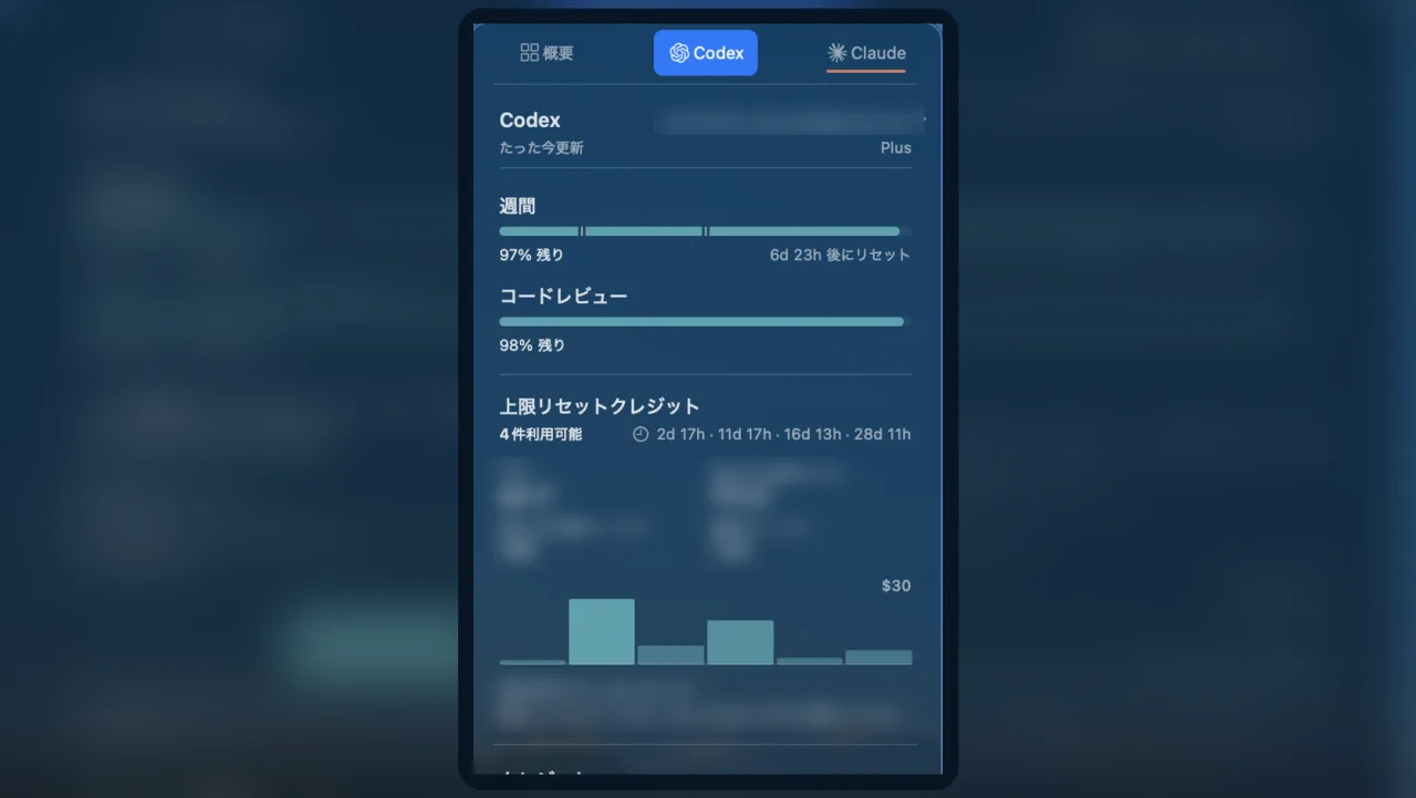 CodexBarで週間の利用状況、リセットまでの期間、コスト、トークンを確認した画面