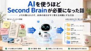 散らかったメモやスクリーンショットをAIが整理し、必要な時に取り出せる知識に変えるSecond Brainのイメージ画像