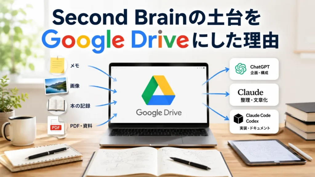 メモ・画像・本・PDFがGoogle Driveに集まり、ChatGPTやClaude Codeなど複数のAIから読める知識庫になるイメージ画像