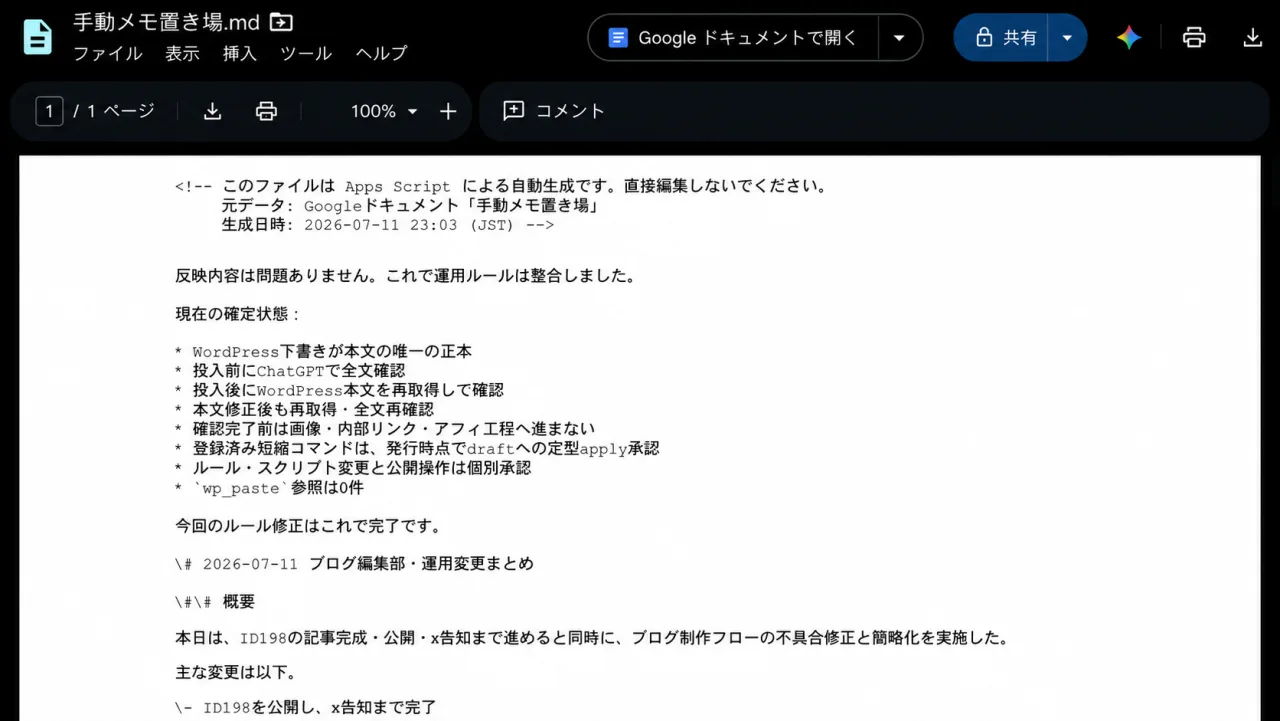 毎日使うGoogle Driveに置いた手動メモ（手動メモ置き場）を開いた実際の画面