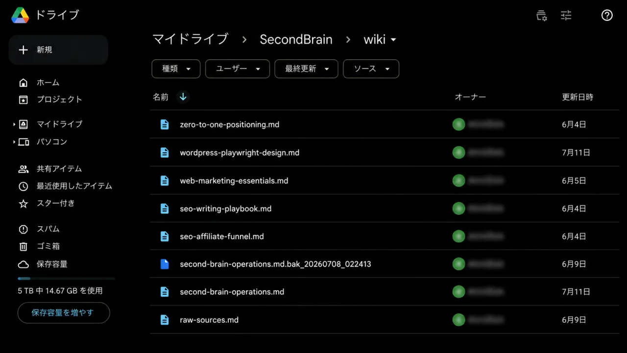 Google DriveのSecond Brain内のwikiフォルダを開いた実際の一覧画面。整理されたページが並んでいる