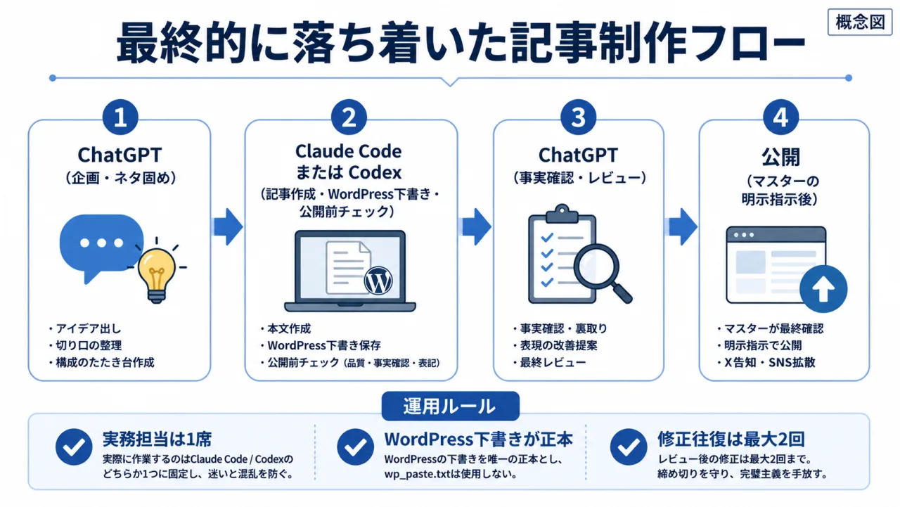 ChatGPTで企画し、Claude CodeまたはCodexが記事作成とWordPress下書きを担当し、ChatGPTがレビューして人間の明示指示後に公開する記事制作フロー図
